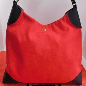 Tory Burch Red Canvas Navy Blue Leather Large‎ Hobo Shoulder Bag